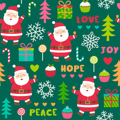 Seamless of cute santa claus and decorative elements for christmas and new year background.