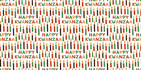 Seamless pattern for Kwanzaa with text Happy Kwanzaa and candles. African American ethnic cultural holiday. Colorful bright background for greeting card, invitation, wrapping paper.