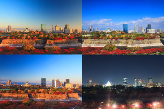 紅葉の大阪城と大阪ビジネスパークのビル群の一日,朝昼夕夜, 日本,大阪府,大阪市