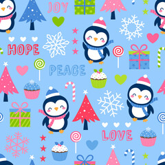 Seamless of cute penguin and decorative elements for christmas and new year background.
