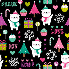 Seamless of cute polar bear and decorative elements for christmas and new year background.