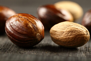 Macro, close up image of  organic wild nutmeg.