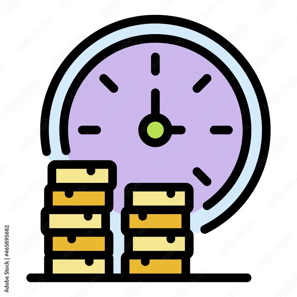 Poster coins stack and time icon. outline coins stack and time vector icon color flat isolated