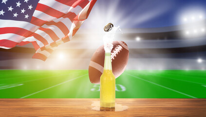Light beer on a wooden table . TV broadcast of American football background. Sport bar concept. USA...