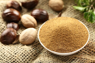 Bowl of Organic nutmeg powder, garam masala, Indian spices.