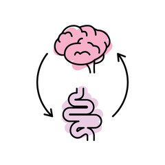 Gut Brain Axis. Brain and stomach line icon. Brain gut connection. Psychobiotic medical concept. Vector illustration on white background - obrazy, fototapety, plakaty