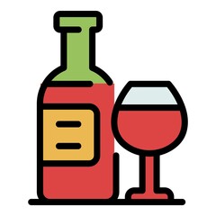 A bottle of wine with a glass icon. Outline bottle of wine with a glass vector icon color flat isolated