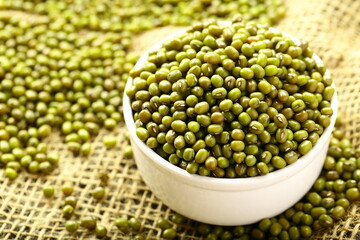 Bowl of organic green mung beans , Vegetarian cooking. 