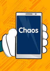 Chaos text on Smartphone screen. Cartoon vector illustrated mobile phone.