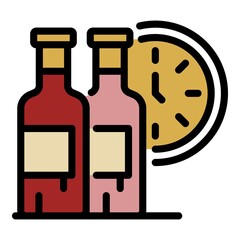 Watch and two bottles icon. Outline watch and two bottles vector icon color flat isolated