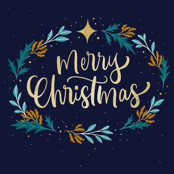 Merry Christmas Hand Lettering With Stars & Leaves Illustrations