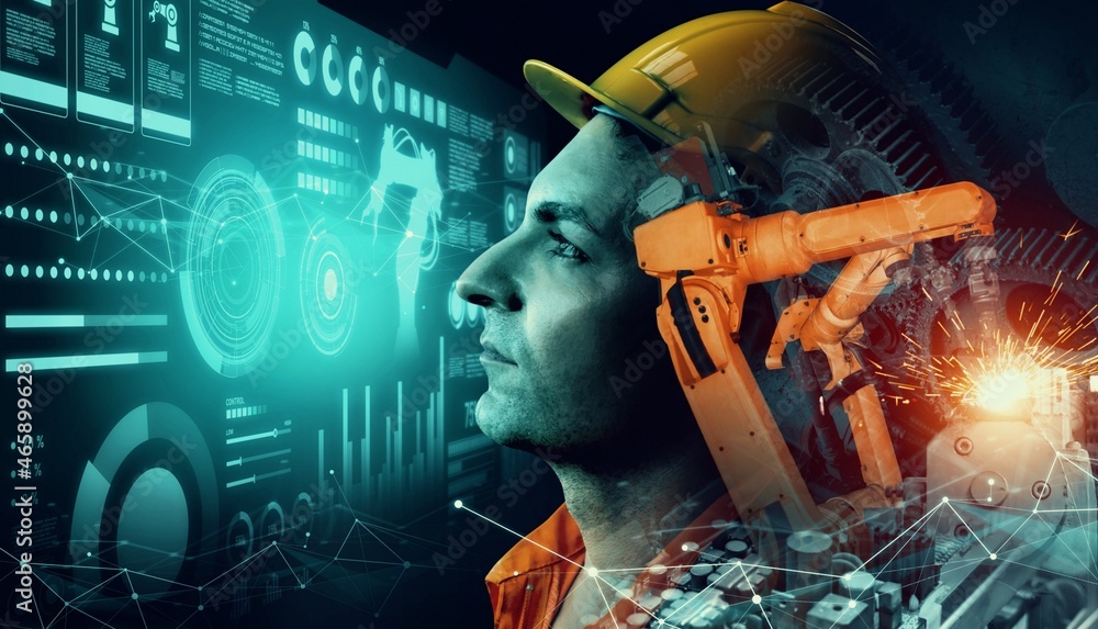 Poster mechanized industry robot arm and factory worker double exposure . concept of robotics technology fo