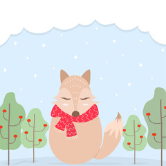 Vector Cute fox wear red scarf stand on natural view with tree and snow. Christmas New year