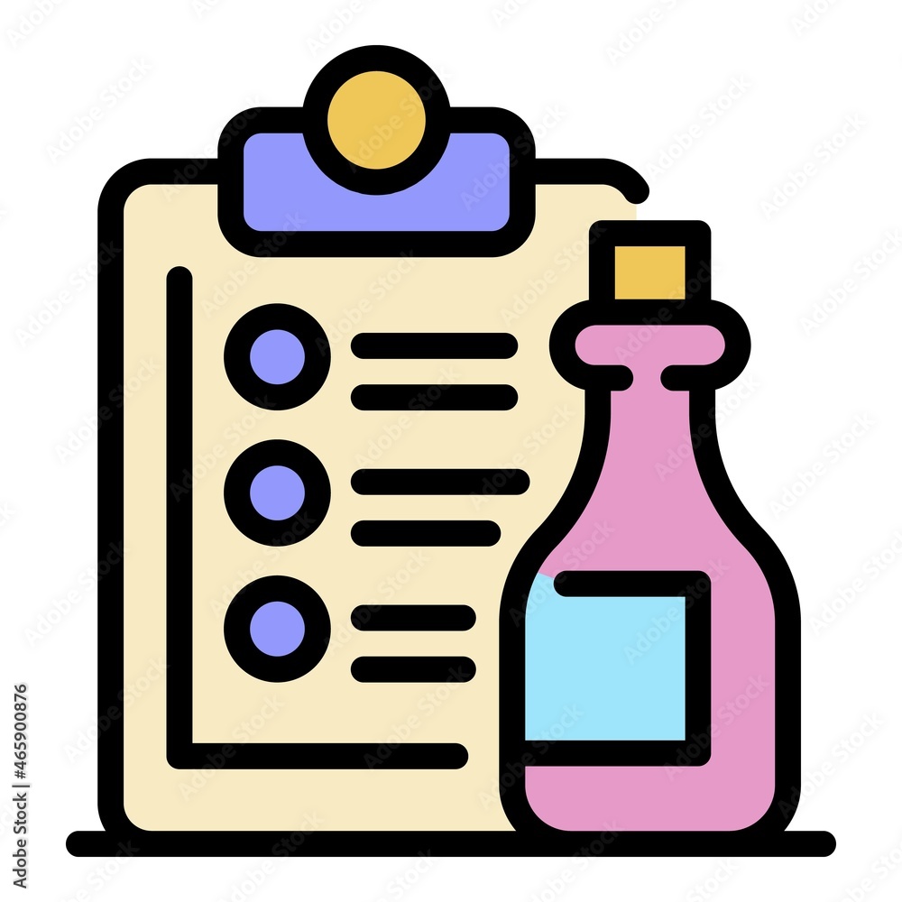 Poster bottle and check list icon. outline bottle and check list vector icon color flat isolated