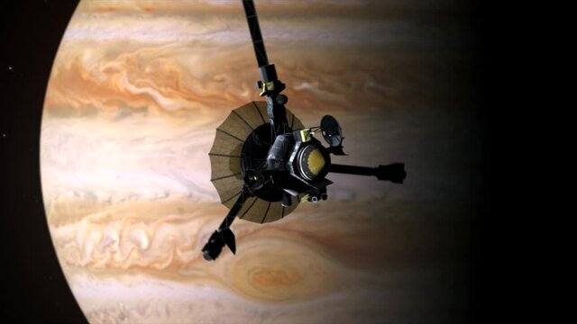 High quality 3D CGI animated render of the Galileo in orbit around the planet Jupiter as it spins slowly, with the dramatic and awe inspiting red spot of Jupiter in the background