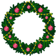 Christmas tree branches with decorations and balloons. Fir garland, frame. For New Year's cards, banners, headlines, posters.