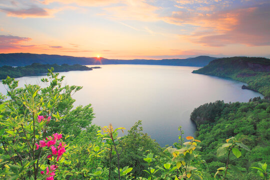 夕日と十和田湖とツツジ, 青森県,十和田市