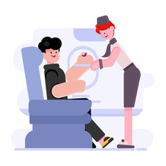 Board service. Stewardess with drink, lunch time. Airplane passengers chat with staff, happy flight vector illustration. Stewardess offer drink to character during flight 