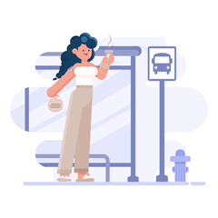 City Life, Girl on Public Transport Station. Bus Stop Waiting