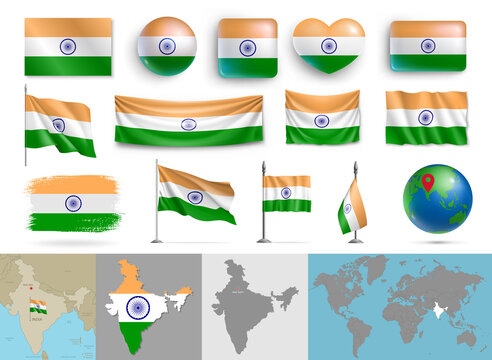 Set of India flags of various shapes and maps. Realistic waving Indian flag on pole, table flag, glossy 3d buttons and highly detailed map, globe with identification of India vector illustration