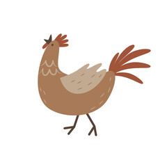 Cute cartoon rooster crowing. Natural poultry and livestock. Breeding of farm animals and birds. Simple flat icon. Illustration for children's educational books and games. Clipart for design.