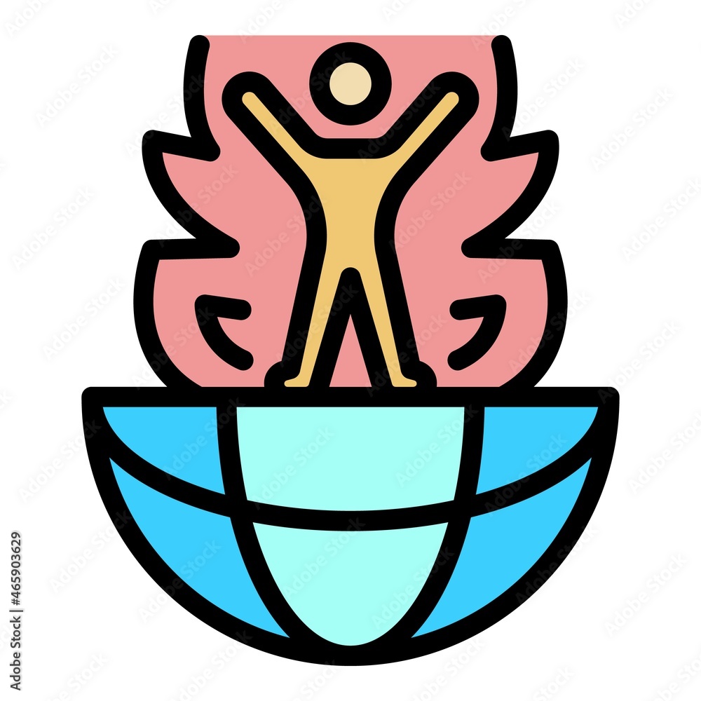 Poster man on the globe and flame icon. outline man on the globe and flame vector icon color flat isolated