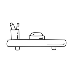 Toothpaste, toothbrush and soap on the shelf sketch. Hand drawn black and white doodle vector illustration.