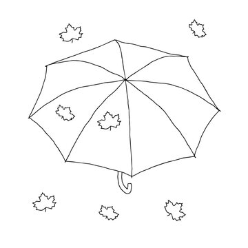 Beautiful hand-drawn fashion vector illustration of an umbrella with maple leaves isolated on a white background for coloring book