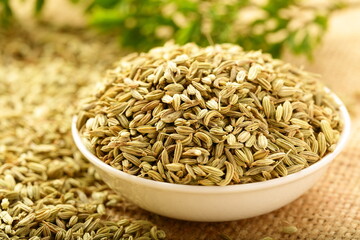 Organic cumin seed served in ceramic bowl, Asian spices.