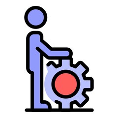 Man take gear wheel icon. Outline man take gear wheel vector icon color flat isolated
