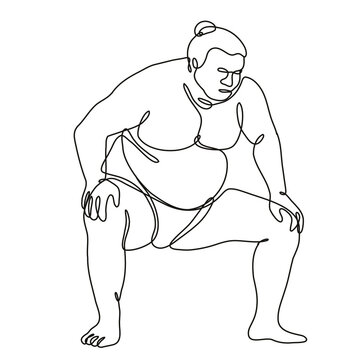 Continuous line drawing illustration of a sumo wrestler or rikishi in fighting stance side view done in mono line or doodle style in black and white on isolated background. 