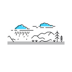Fototapeta na wymiar Travel line art concept. Camping under rain. Outdoor rest Activity trekking. Vector illustration on white background 
