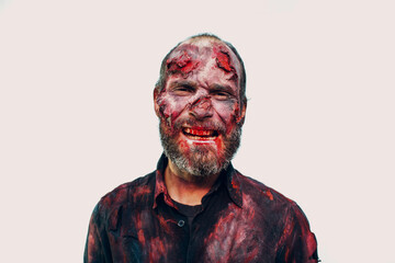 Zombie male makeup for halloween concept on white background