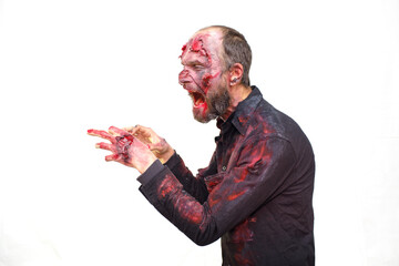 Zombie male profile view for halloween concept on white background