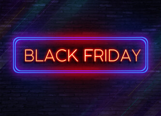 Black Friday Super Sale 3D. Neon glow. Dark background golden text lettering in bright glowing neon frame. Black Friday Sale illustration in neon style. colorful retro black Friday neon light banner.
