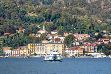 Fototapeta na wymiar Bellagio Italy 10-14-2020. Ferry on Como lake at Bellagio . Italy