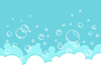 Soap foam background. Bubbles of liquid soap, foam border. Vector cartoon illustration
