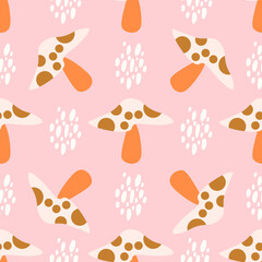 Fly agaric seamless pattern. Pink mushroom pattern design. Vector autumn forest illustration. Simple design for kids cloths.