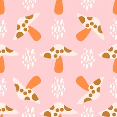 Fotobehang Fly agaric seamless pattern. Pink mushroom pattern design. Vector autumn forest illustration. Simple design for kids cloths. © Nadezhda Kozhedub