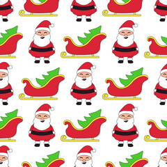 Seamless cute Santa Claus and Santa sleigh. Bright Christmas seamless pattern. Ideal for creating Christmas gift wrapping, textiles and other printed products. Original design. Flat style. 