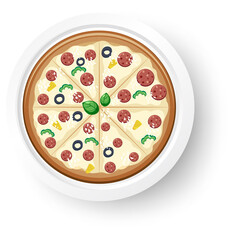 Top view of cheese salami pizza on white background