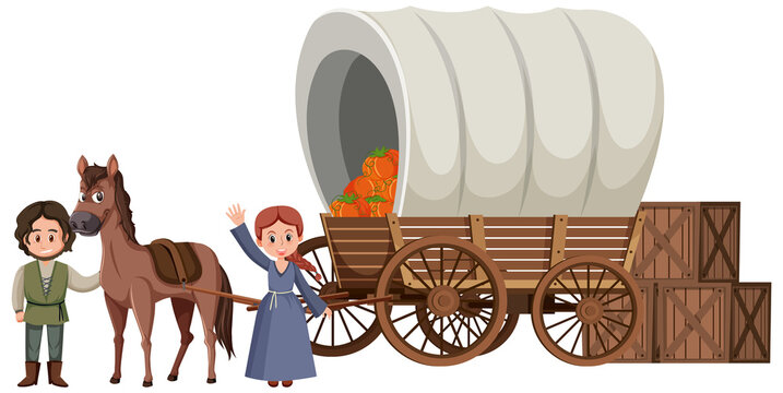 Medieval wooden wagon with peasants