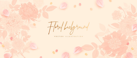 Fototapeta na wymiar Banner design template. Vector illustration of realistic tulip petals and golden elements. Floral horizontal background for poster, cover, booklets, wedding invitation