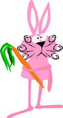 pink rabbit with carrot,vector drawing,isolate on a white background