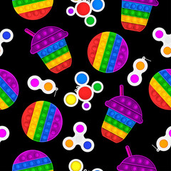 Seamless pattern of toys on a black background with different toys. Fashionable anti-stress game. Handmade toy. Vector illustration. Pop it, Simple Dimple.