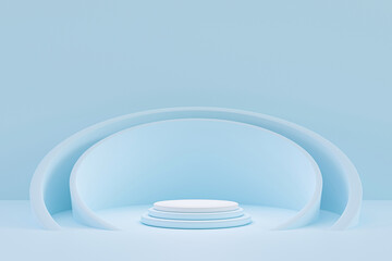 blank 3 steps blue cylinder cement podium on blue studio, stand blank trade show booth for designers. empty house, space for your text and picture, 3d rendering