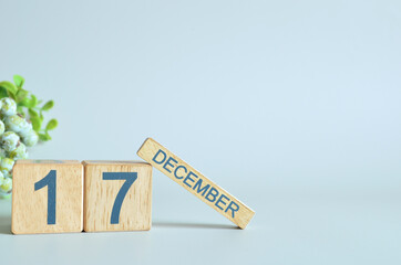 December 17, Calendar cover design with number cube with green fruit on blue background.

