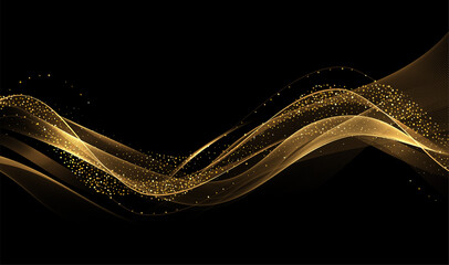 Abstract Gold Waves. Shiny golden moving lines design element with glitter effect on dark background for greeting card and disqount voucher.