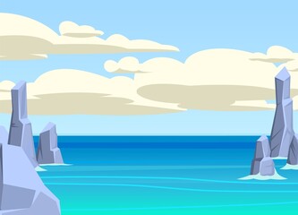 Obraz na płótnie Canvas Rocks in the sea. Cliffs in the ocean water. Illustration of a summer seascape in a flat style. Vector.