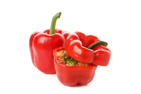 Stuffed pepper isolated on white background, close up